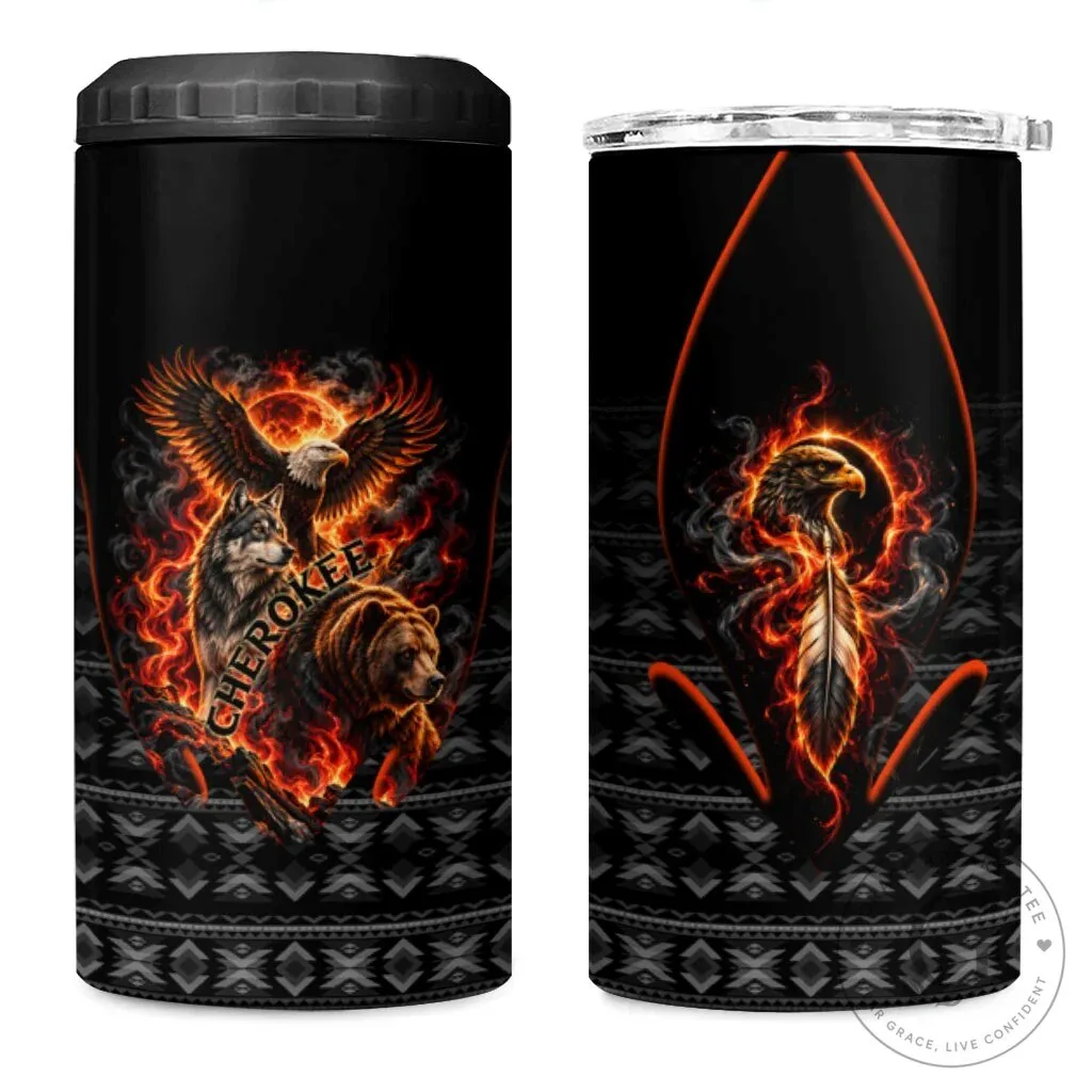 Cherokee Spirit Animals Fiery Tribal Art Native Geometric Patterns Can Cooler