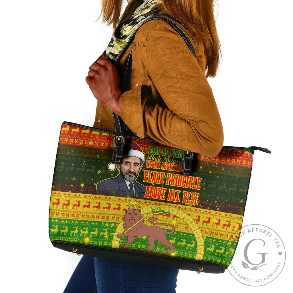 Haile Selassie Christmas Ugly Sweater Pattern Leather Tote Bag