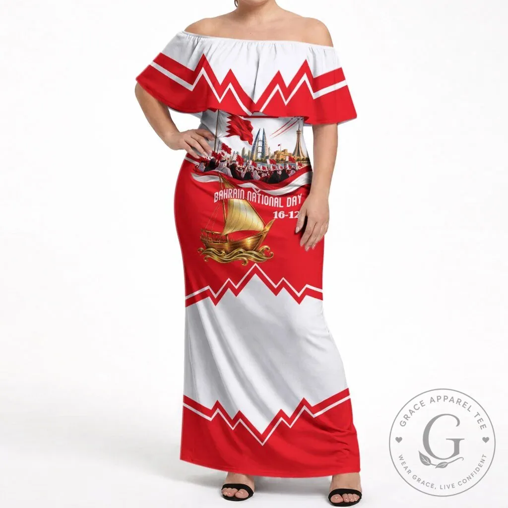 Bahrain National Day Off Shoulder Maxi Dress Cultural Flag Emblem Vintage Collage