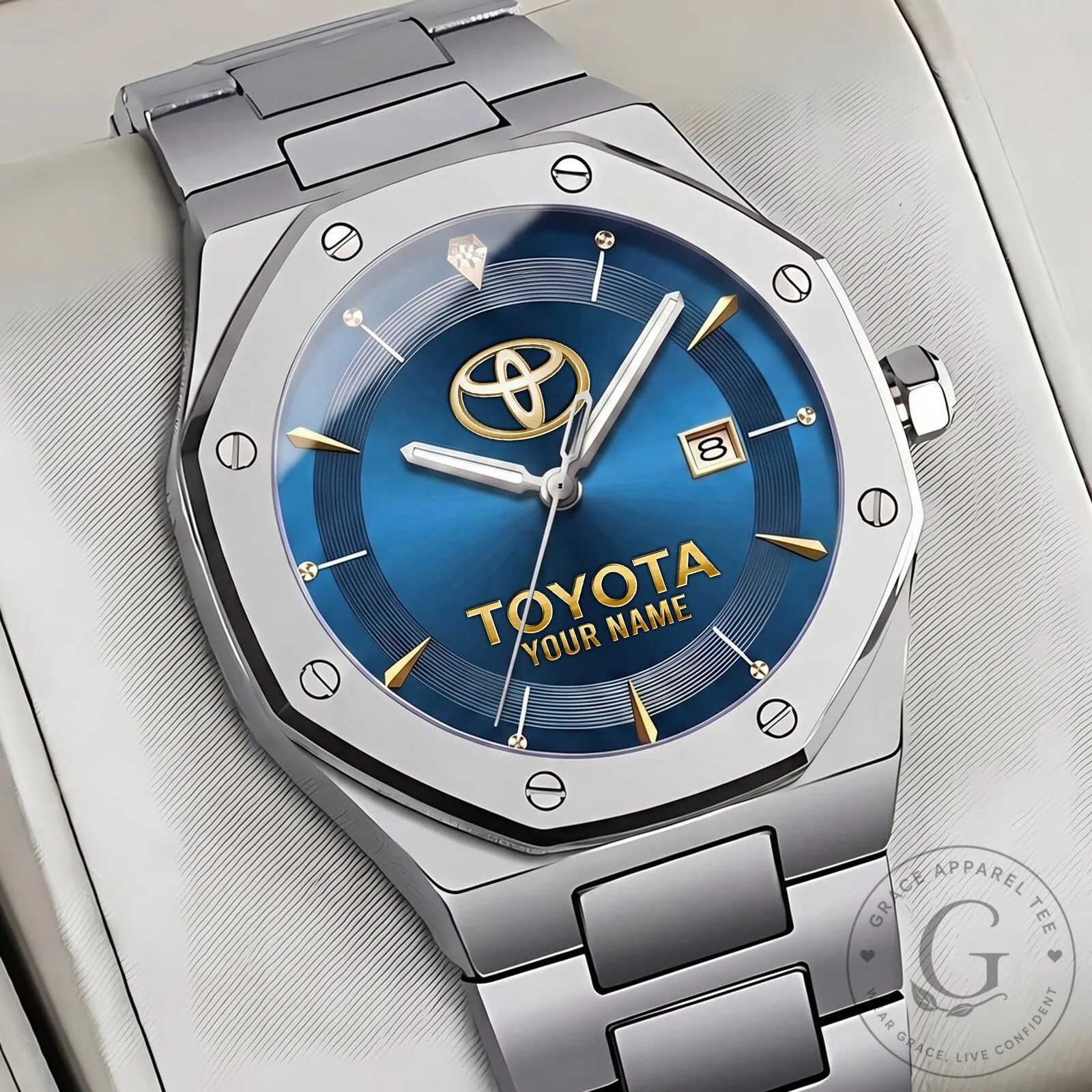 Toyota Custom Name Blue Dial Stainless Steel Quartz Watch for Men
