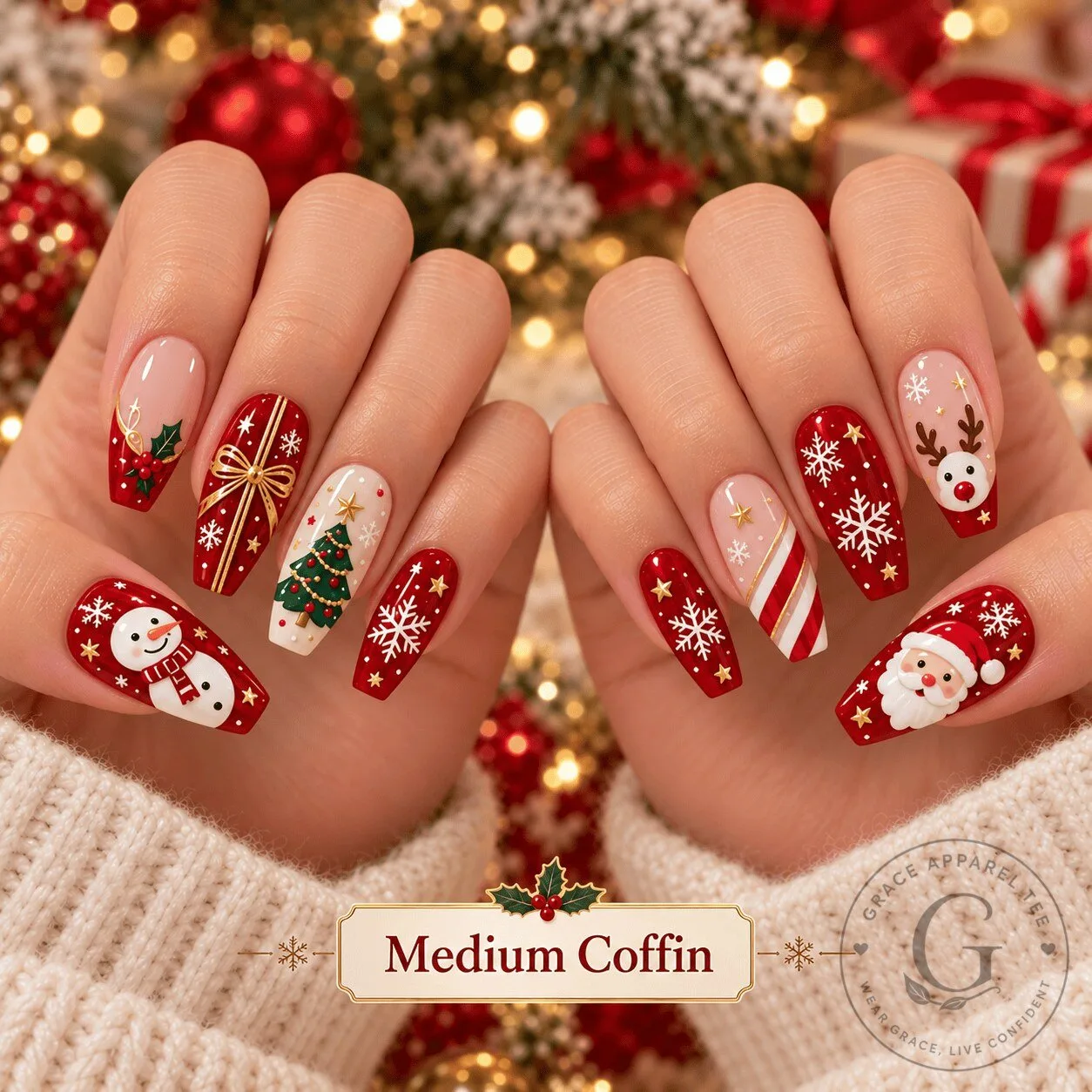 Christmas Holiday Wonderland Press-On Nails Set with Festive Snowman and Reindeer