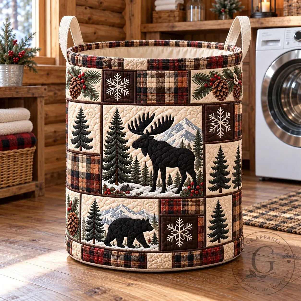 Rustic Forest Patchwork Quilted Moose and Bear Laundry Basket