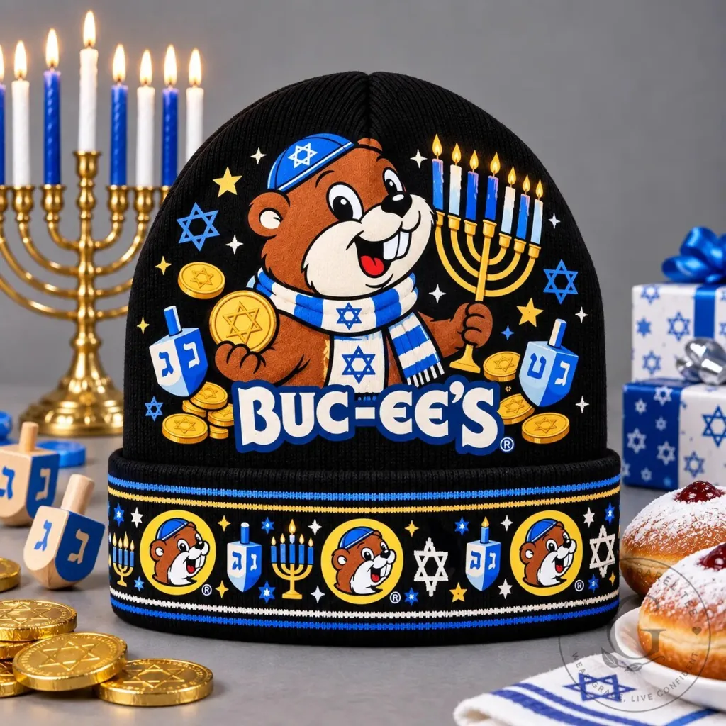 Buc-ee's Hanukkah Eight Nights Celebration Menorah Dreidels Knit Beanie Hat Buc-ee's Hanukkah Eight Nights Celebration Menorah Dreidels Knit Beanie Hat