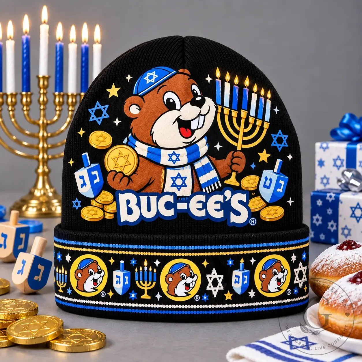 Buc-ee's Hanukkah Eight Nights Celebration Menorah Dreidels Knit Beanie Hat