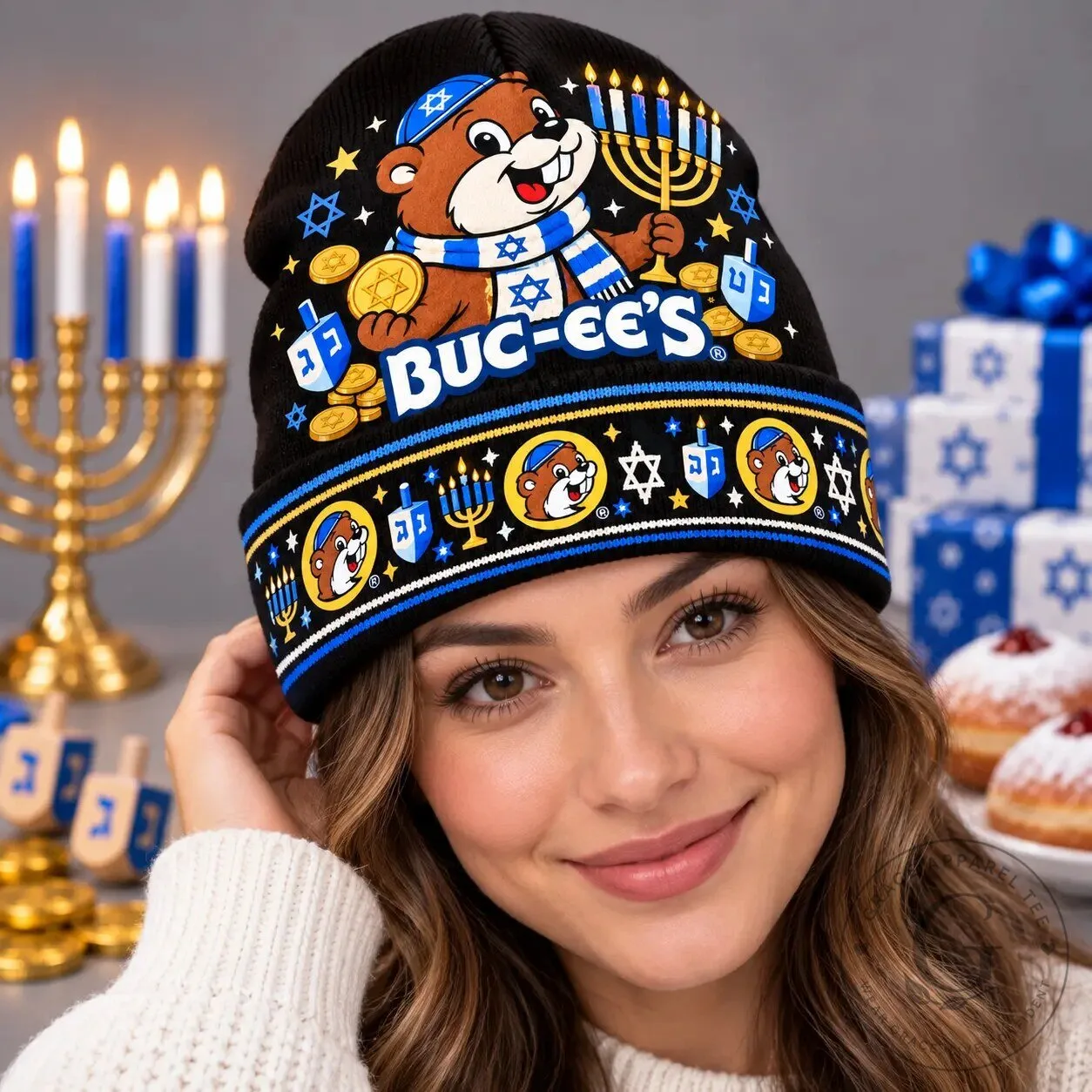 Buc-ee's Hanukkah Eight Nights Celebration Menorah Dreidels Knit Beanie Hat 7 Buc-ee