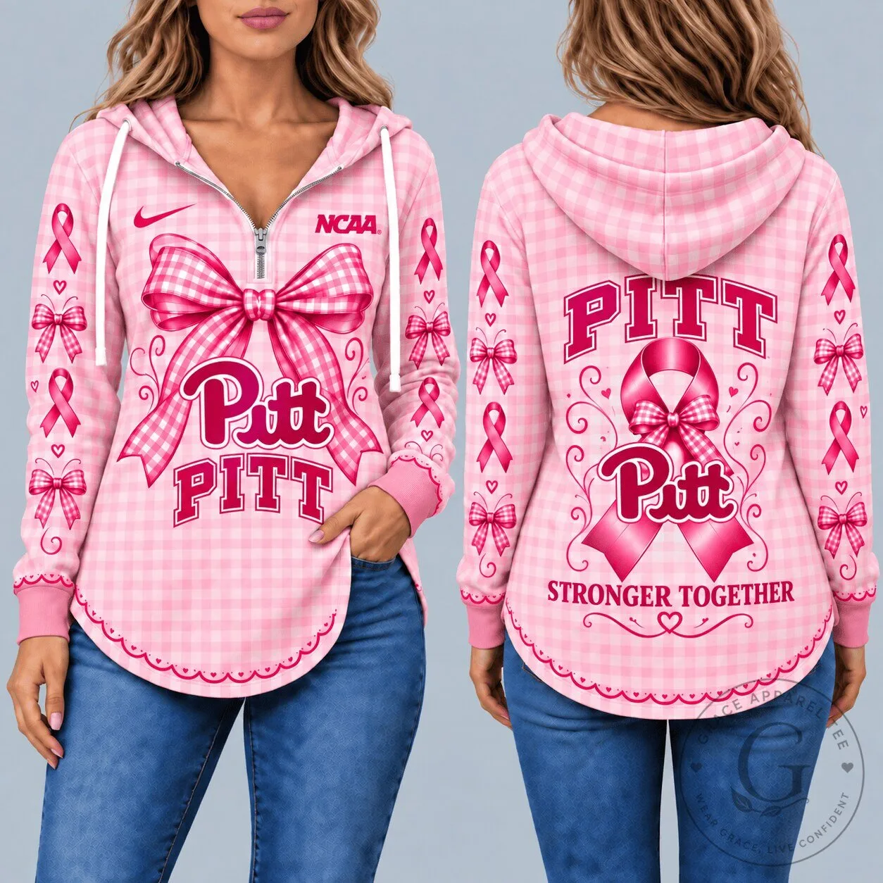 Pittsburgh Panthers Breast Cancer Awareness Pink Gingham Pattern Half-Zip Hoodie