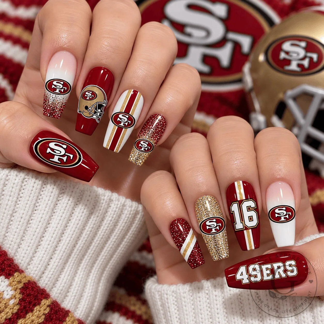 San Francisco 49ers NFL Football Team Glitter Press On Nails Manicure Set