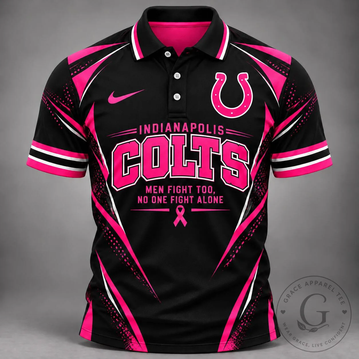 Indianapolis Colts Pink Breast Cancer Awareness Men Fight Too Polo Shirt