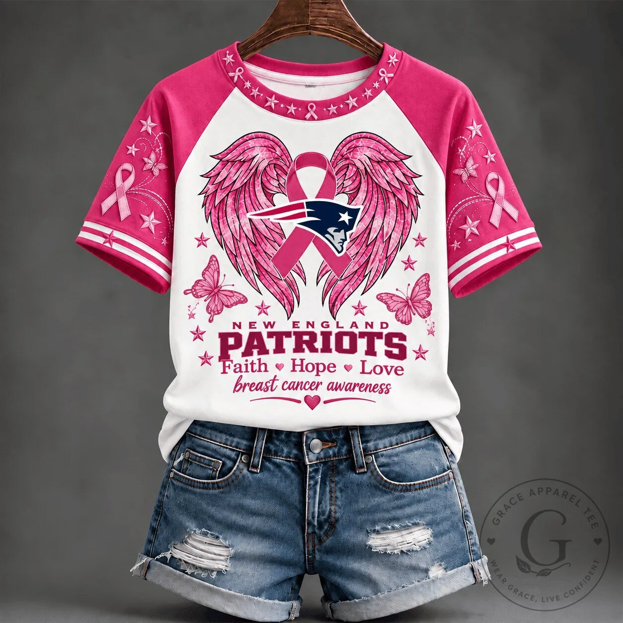 Breast Cancer Awareness T-Shirt featuring Faith, Hope, Love, New England Patriots Design