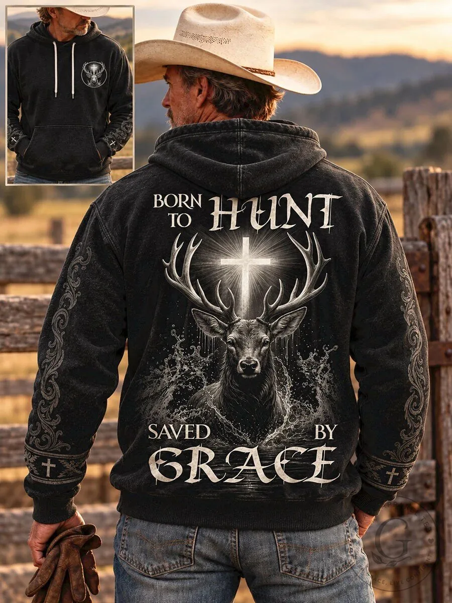 Born To Hunt Saved By Grace Deer Hunter Christian Faith Hoodie