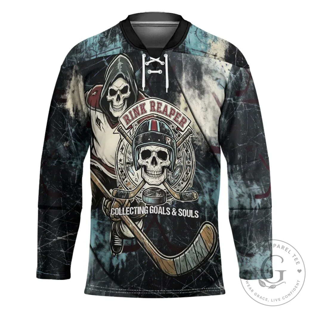 Rink Reaper Grim Skeleton Ice Hockey Player Vintage Distressed Hockey Jersey