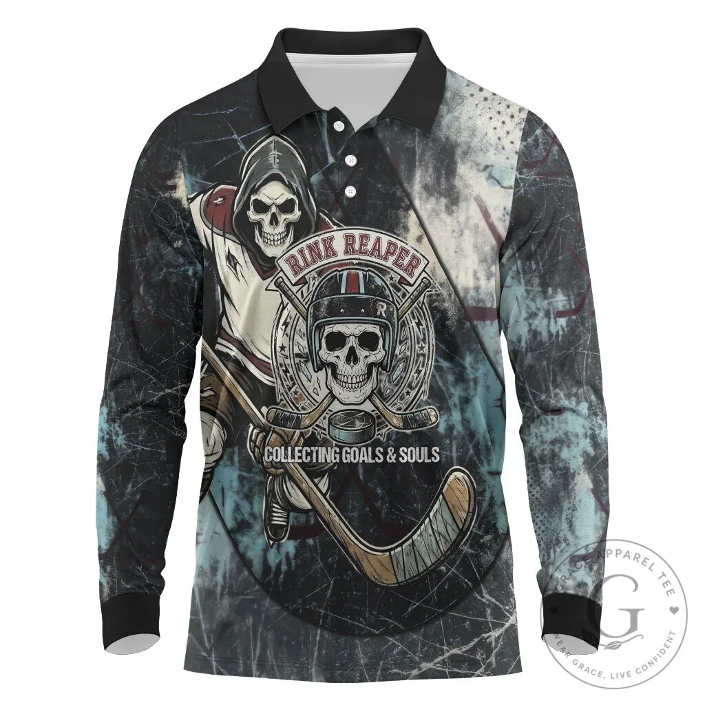 Rink Reaper Grim Reaper Skeleton Ice Hockey Player Long Sleeve Polo Shirt