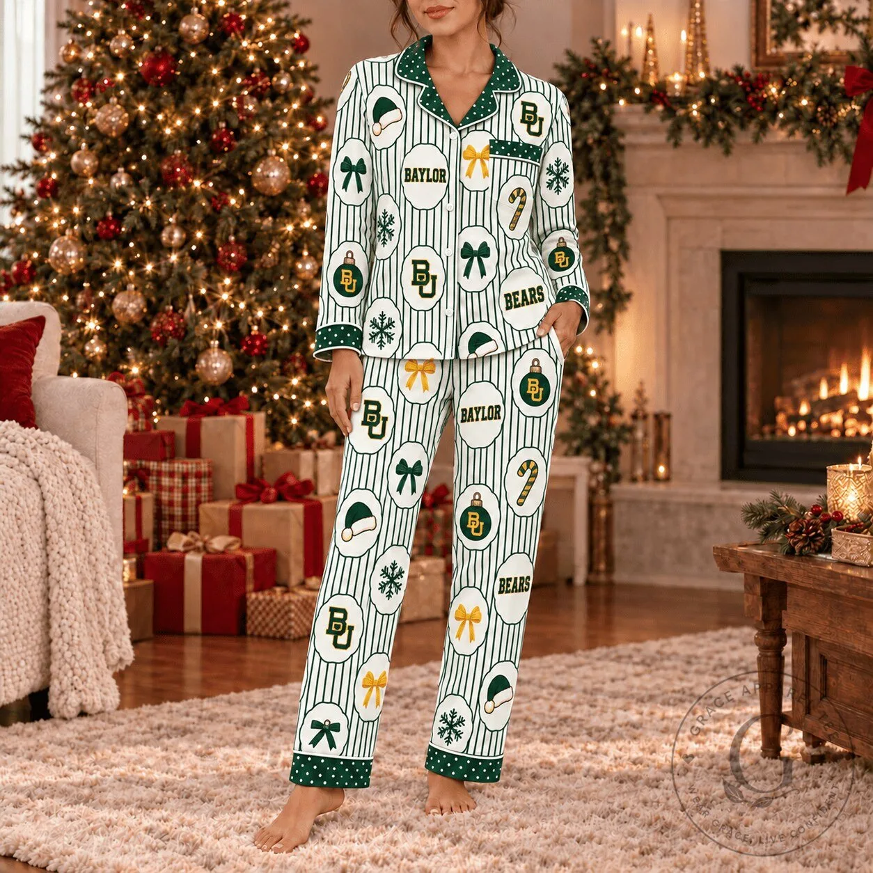 Baylor Bears Christmas Holiday Pattern Button-Up Long Sleeve Pajamas Set