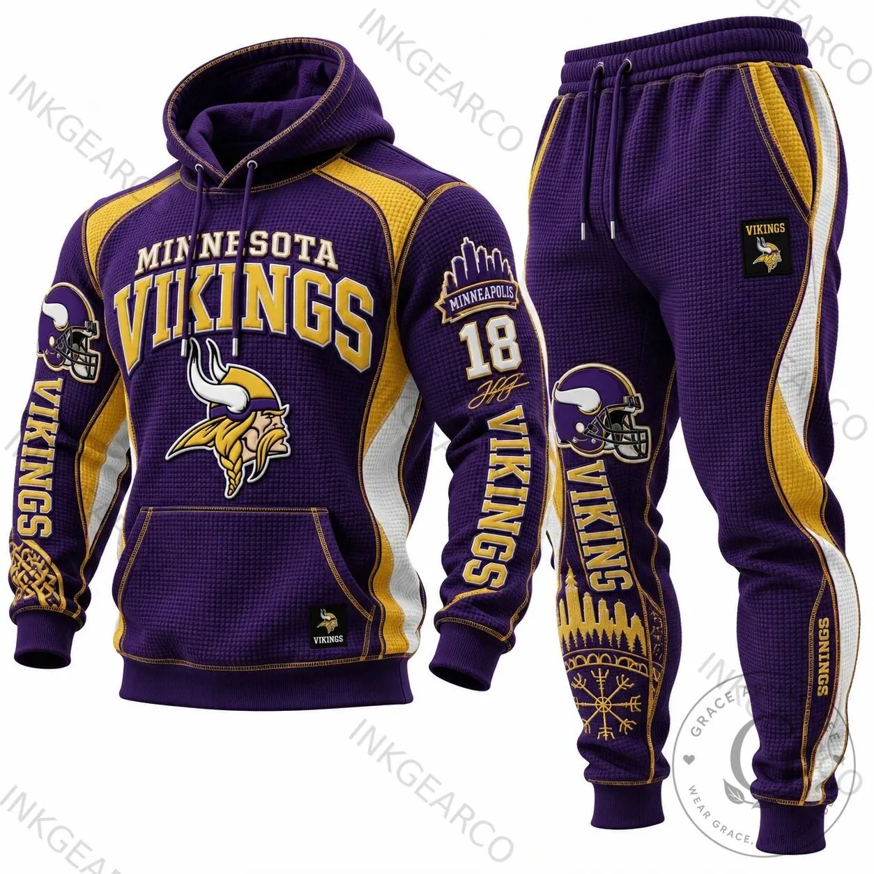 Minnesota Vikings NFL Football Team Waffle Knit Hoodie and Jogger Pants Set