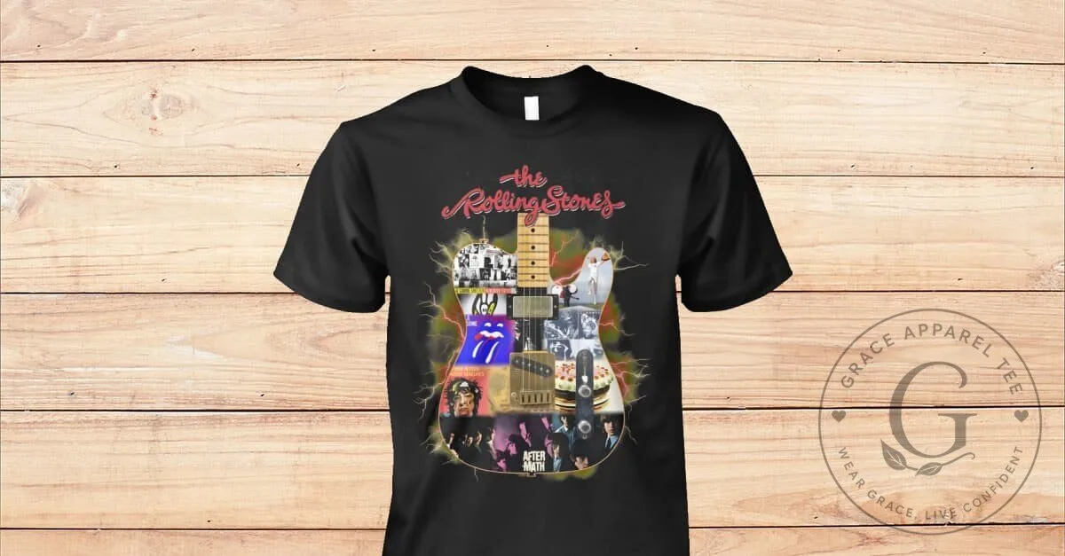 The Rolling Stones Album Collage Guitar Design Black T-Shirt