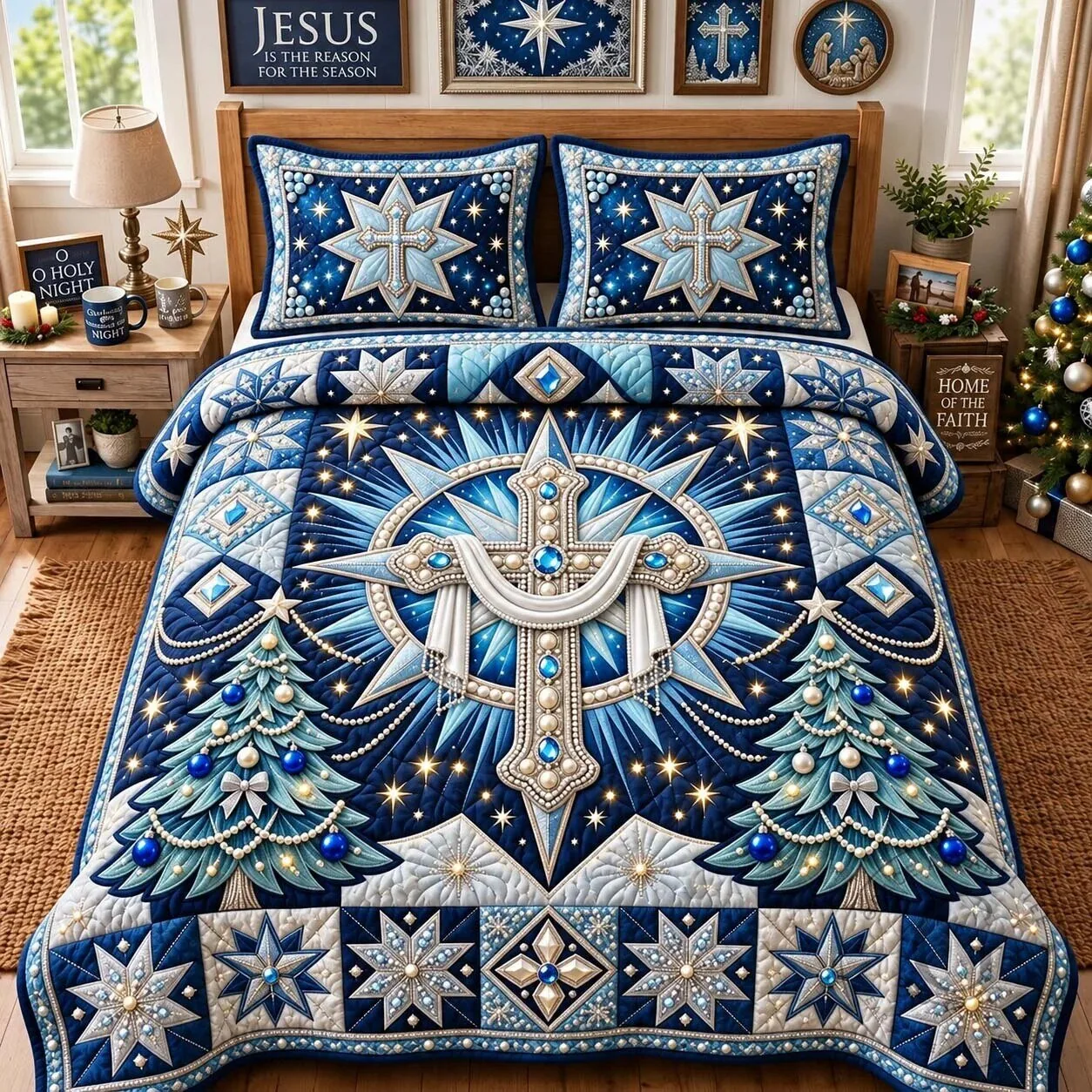 Holy Night Crystal Cross Christmas Bedding Set