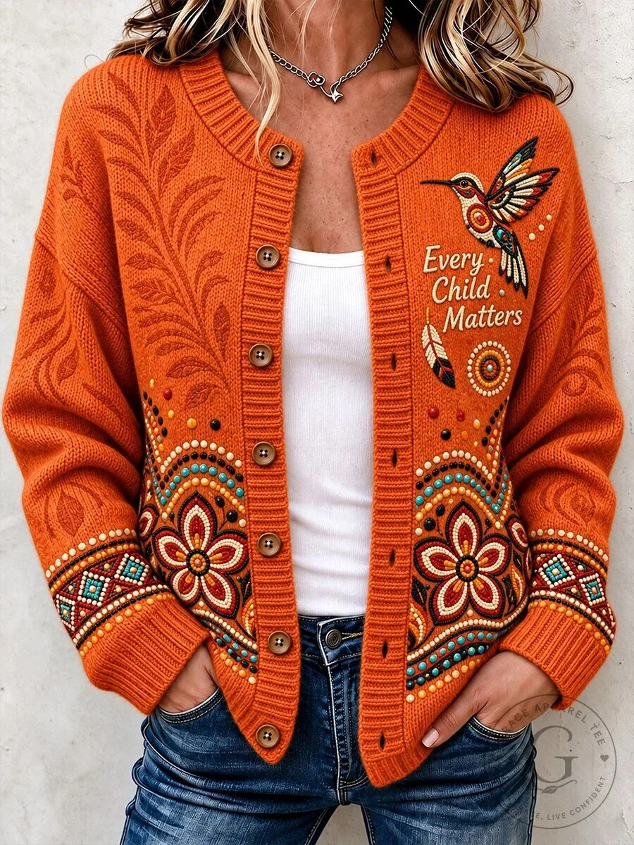 Every Child Matters Hummingbird Feather Orange Indigenous Design Cardigan