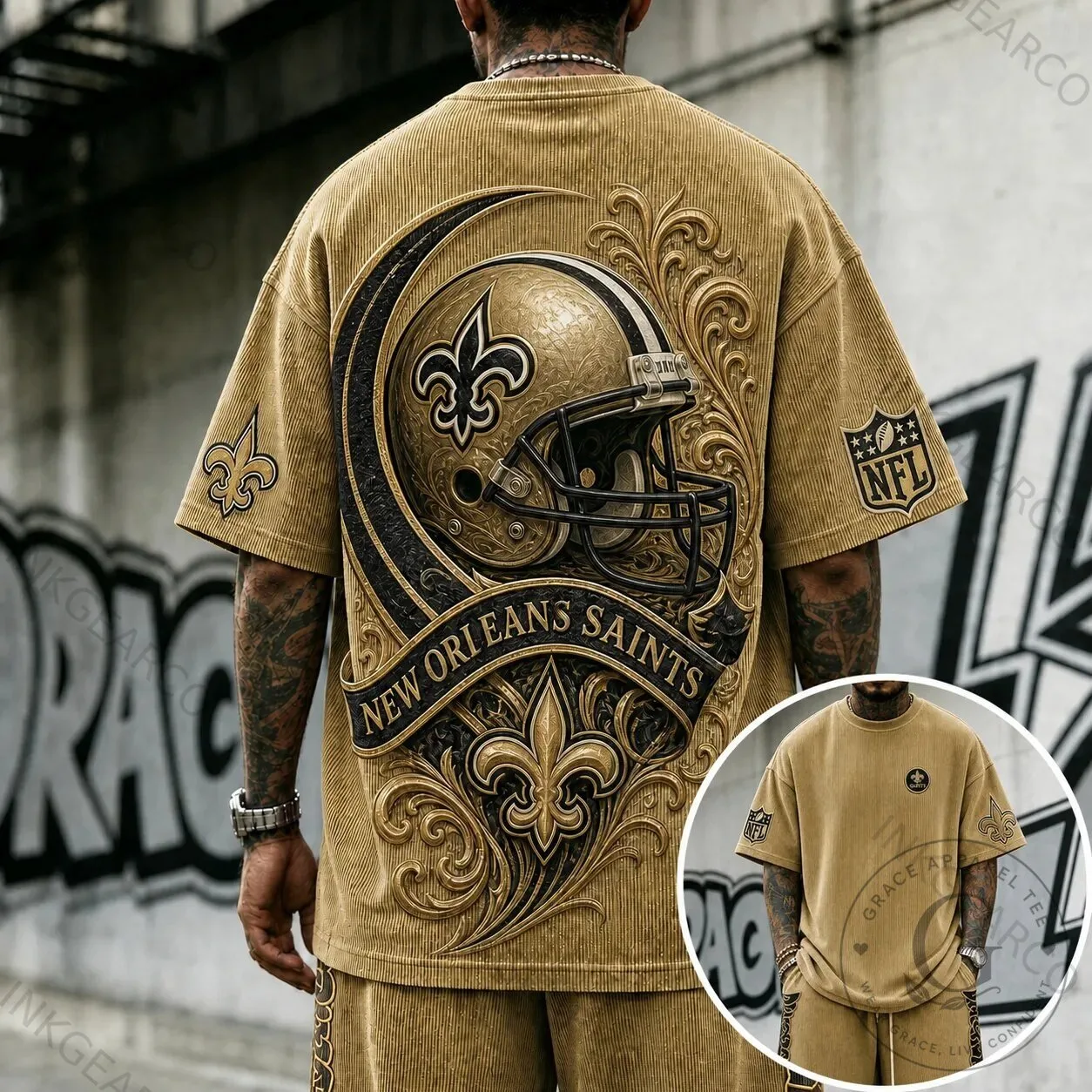 New Orleans Saints Football Team Gold Helmet Emblem Oversized T-Shirt
