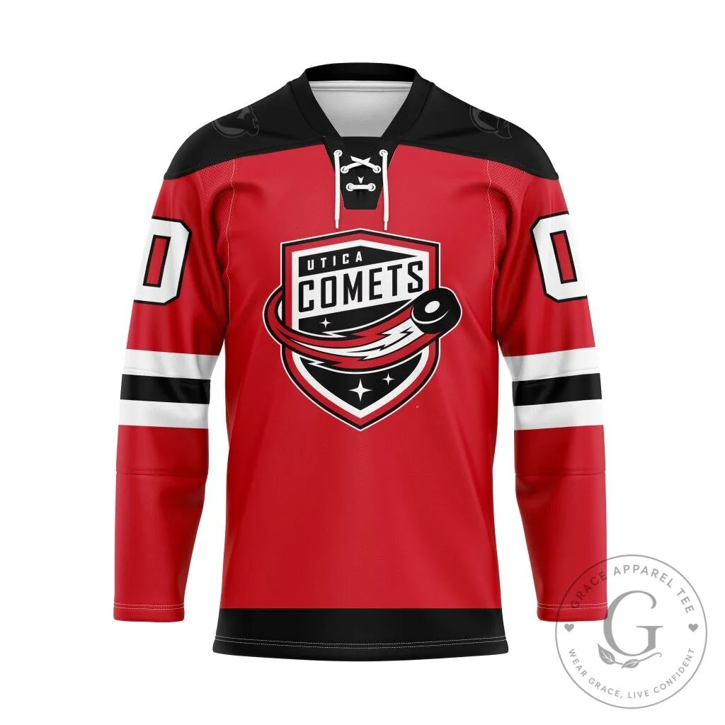 Utica Comets Red and Black Ice Hockey Jersey with Lace-Up Collar