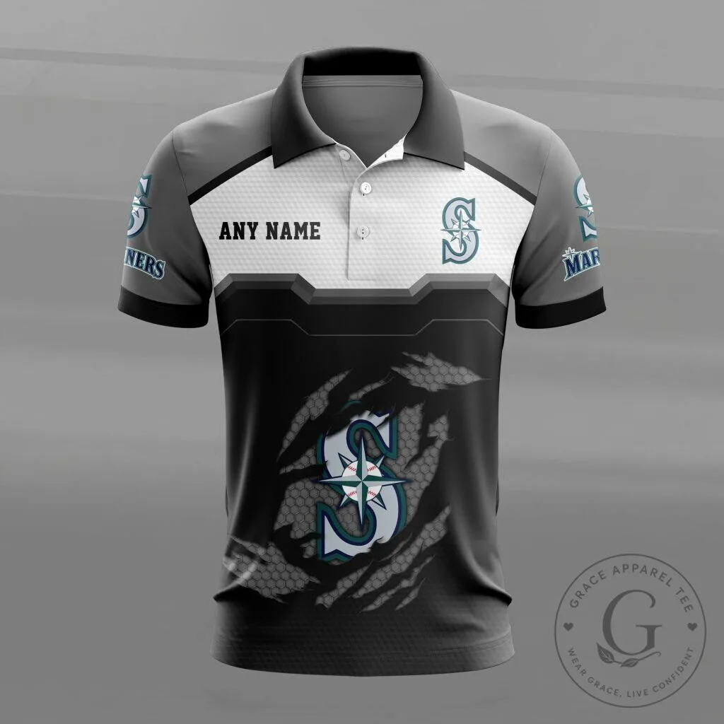 Seattle Mariners Personalized Name Gray Black White Polo Shirt