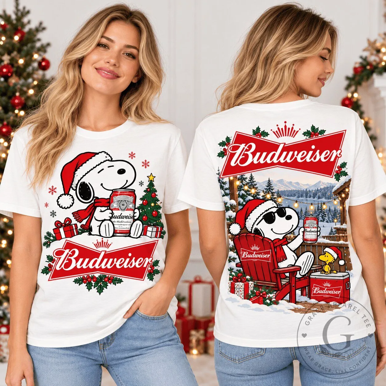 Snoopy Budweiser Christmas Holiday White T-Shirt