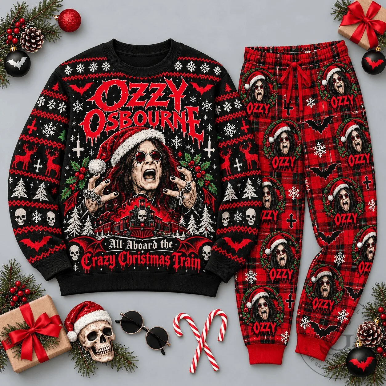 Holiday Sweatshirt featuring Ozzy Osbourne's All Aboard The Crazy Christmas Train Design