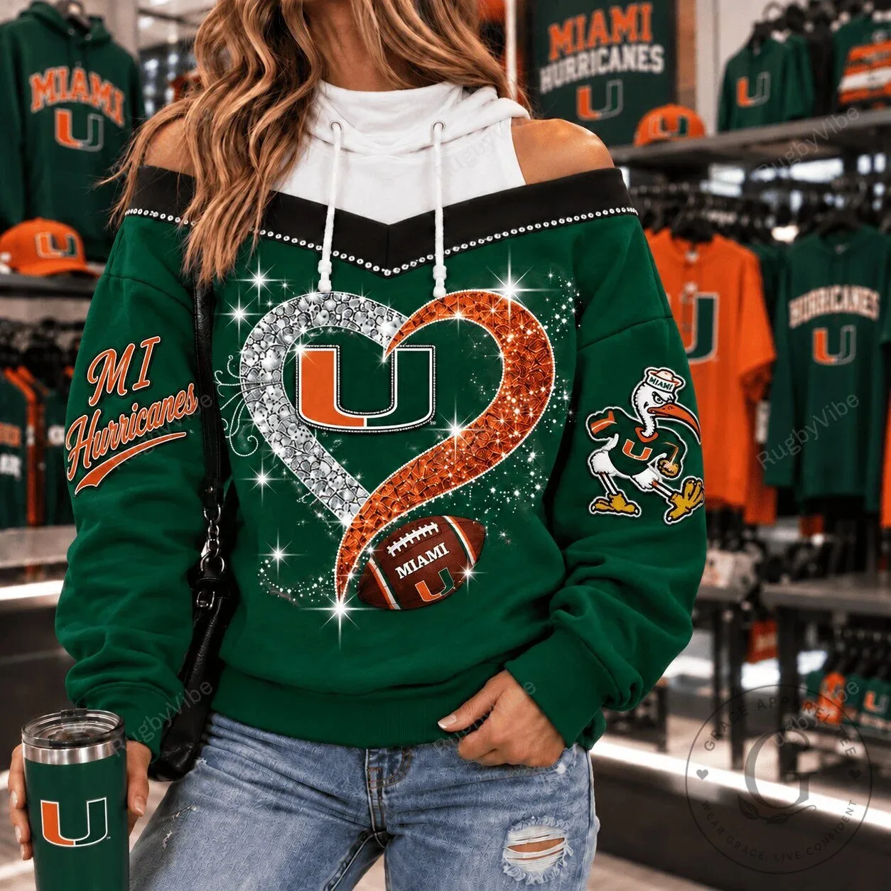 Miami Hurricanes Football Team Glitter Heart Design Women's Off-Shoulder Hoodie