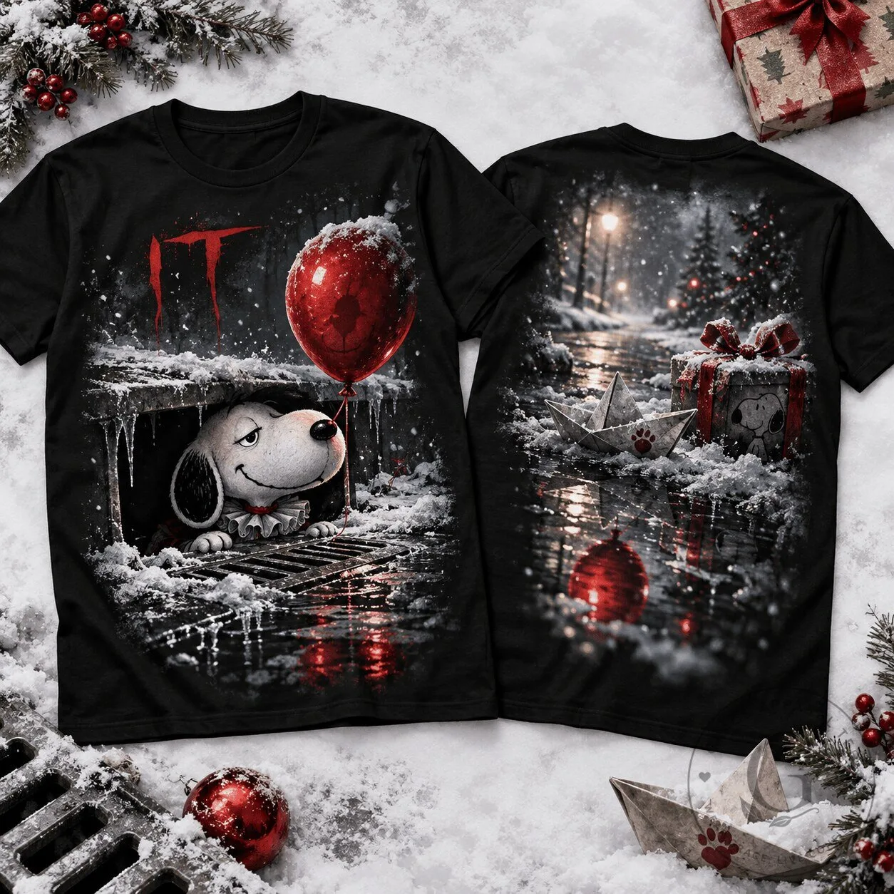 Pennywise Snoopy Red Balloon Christmas Horror Movie Fan T-Shirt 2 Pennywise Snoopy Red Balloon Christmas Horror Movie Fan T-Shirt
