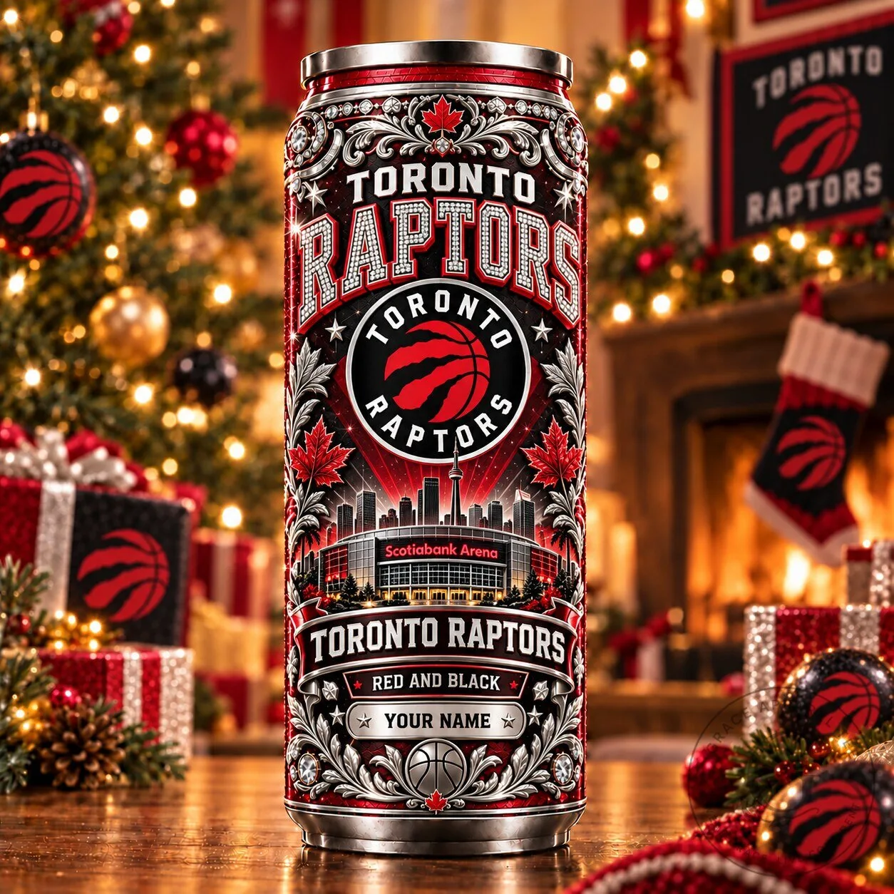 Toronto Raptors NBA Scotiabank Arena Red and Black Personalized Can Tumbler