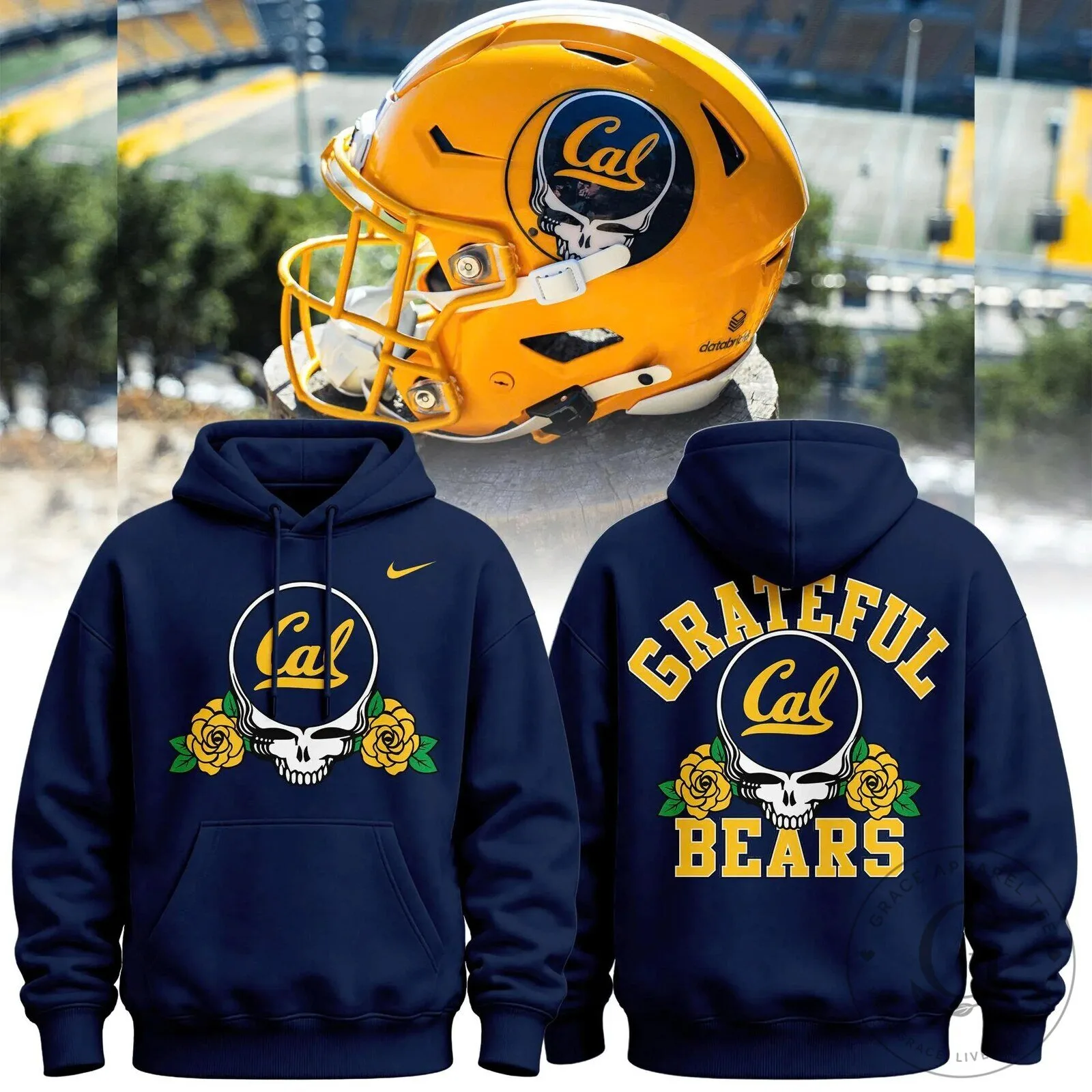 California Golden Bears Grateful Dead Skull and Roses Navy Blue Hoodie 2 California Golden Bears Grateful Dead Skull and Roses Navy Blue Hoodie