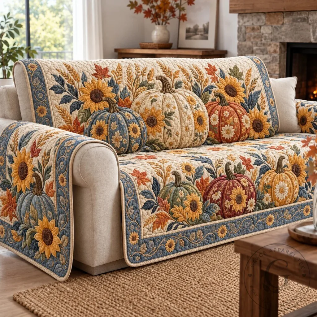 Autumn Harvest Pumpkin Sunflower Quilted Sofa Cover Protector