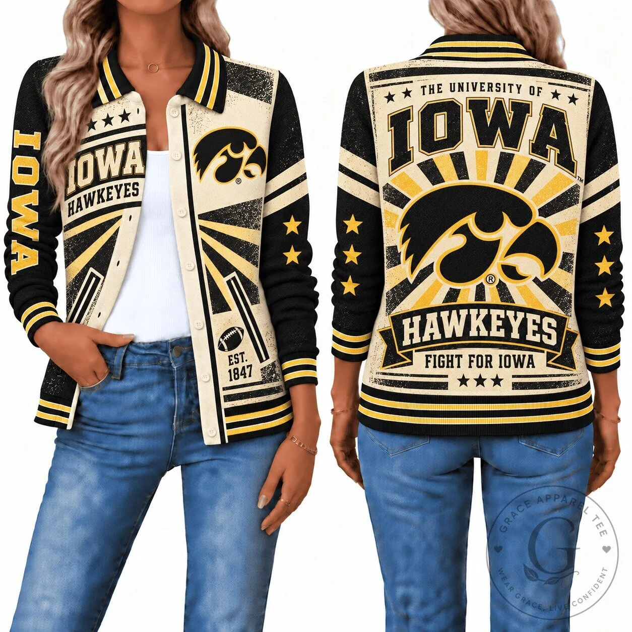 University of Iowa Hawkeyes Retro Varsity Jacket with Stars and Stripes