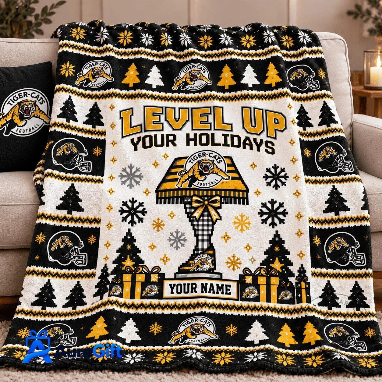 Hamilton Tiger-Cats Football Christmas Level Up Your Holidays Fleece Blanket