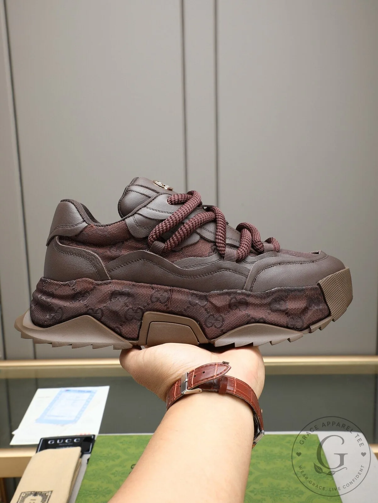 Gucci Brown Monogram GG Pattern Chunky Sole Lace-Up Sneakers for Men