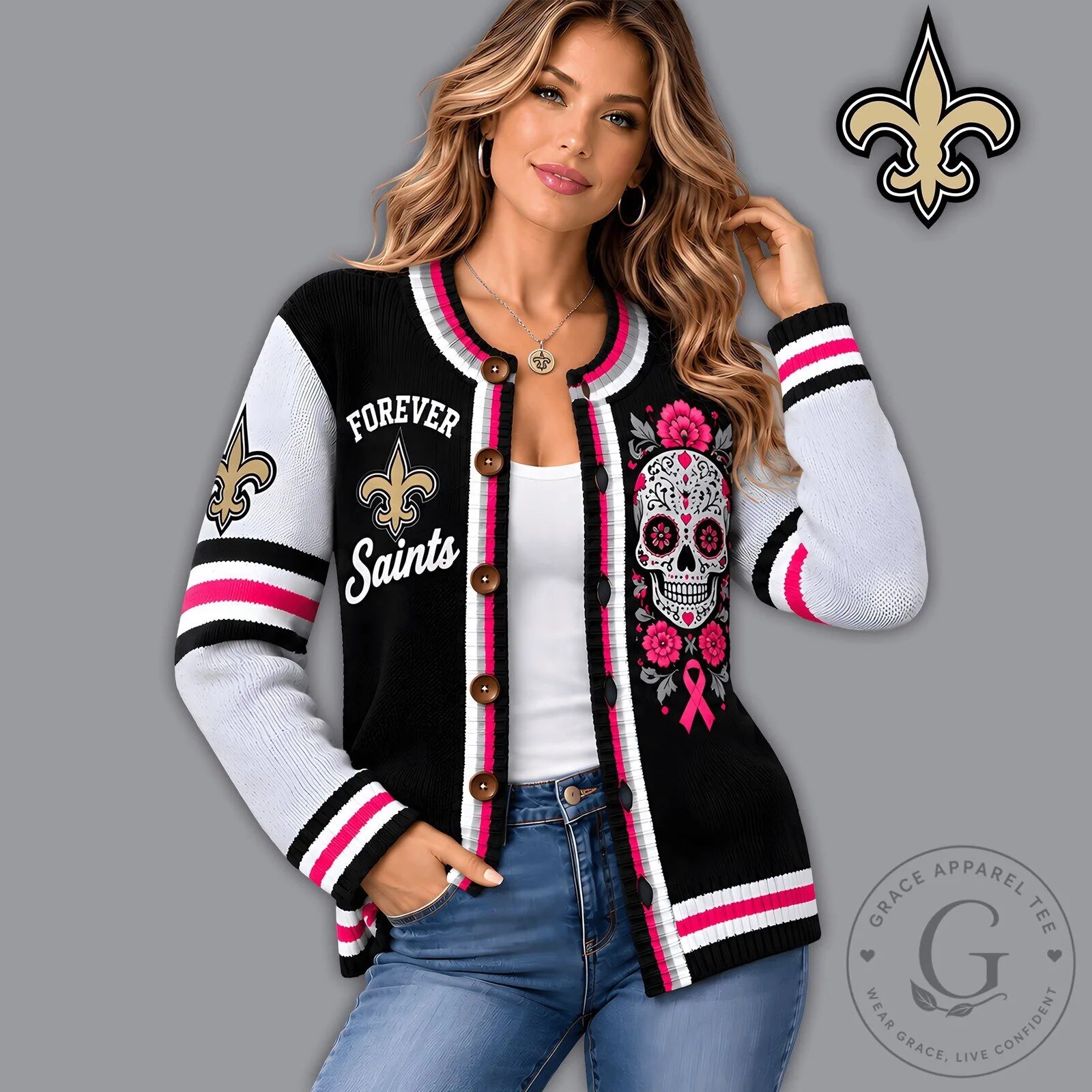New Orleans Saints Forever Saints Floral Skull Knit Cardigan for Women