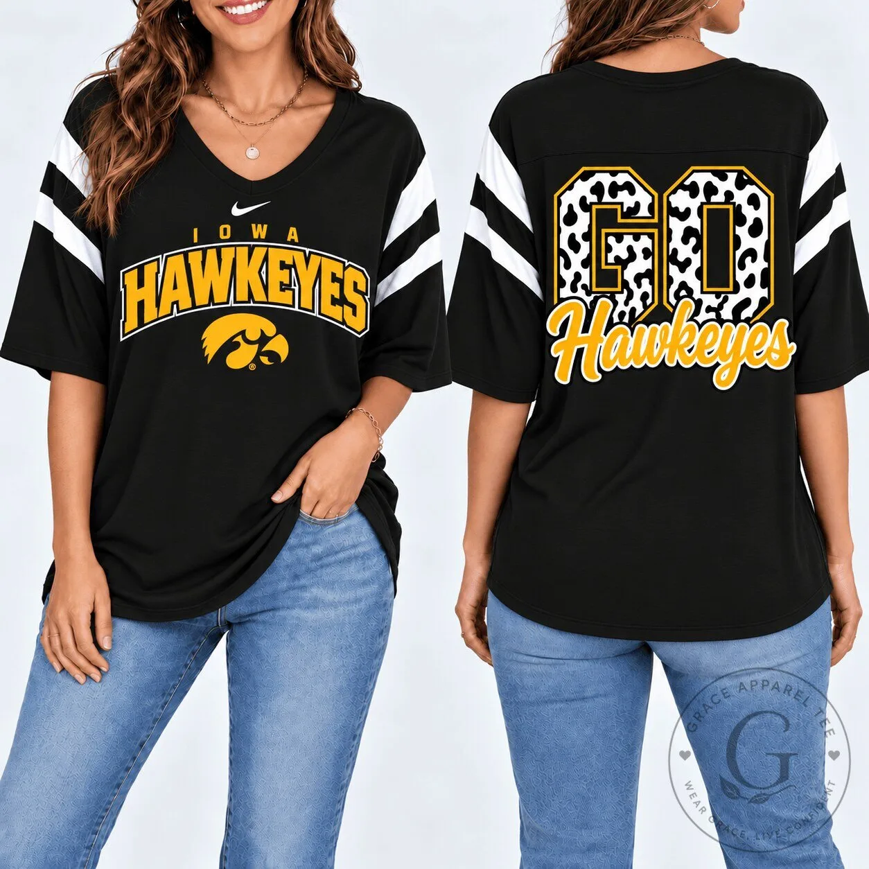Iowa Hawkeyes Shirt Women’s Black V-Neck Game Day Leopard Print T-Shirt