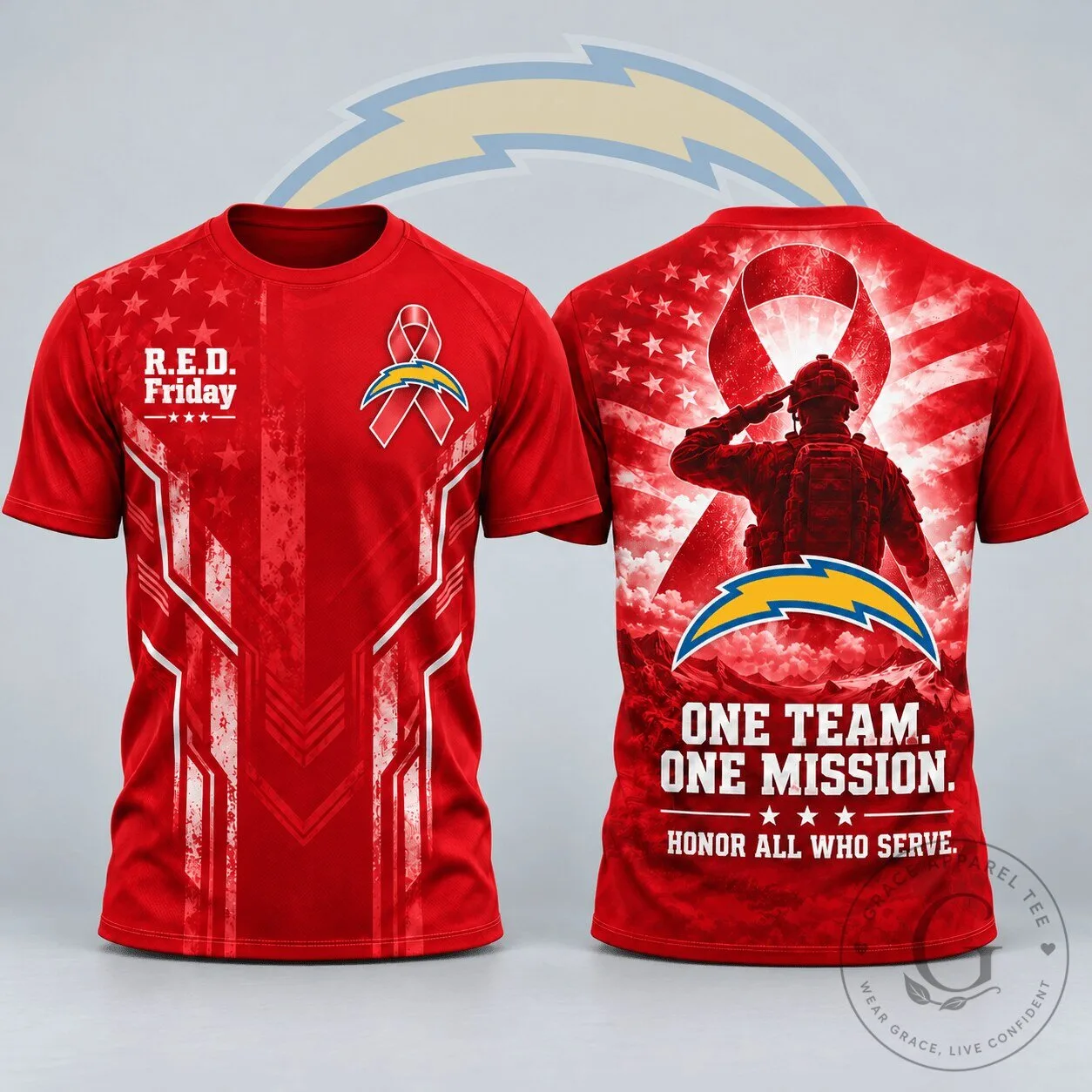 Los Angeles Chargers R.E.D. Friday Patriotic Soldier Tribute All Over Print T-Shirt