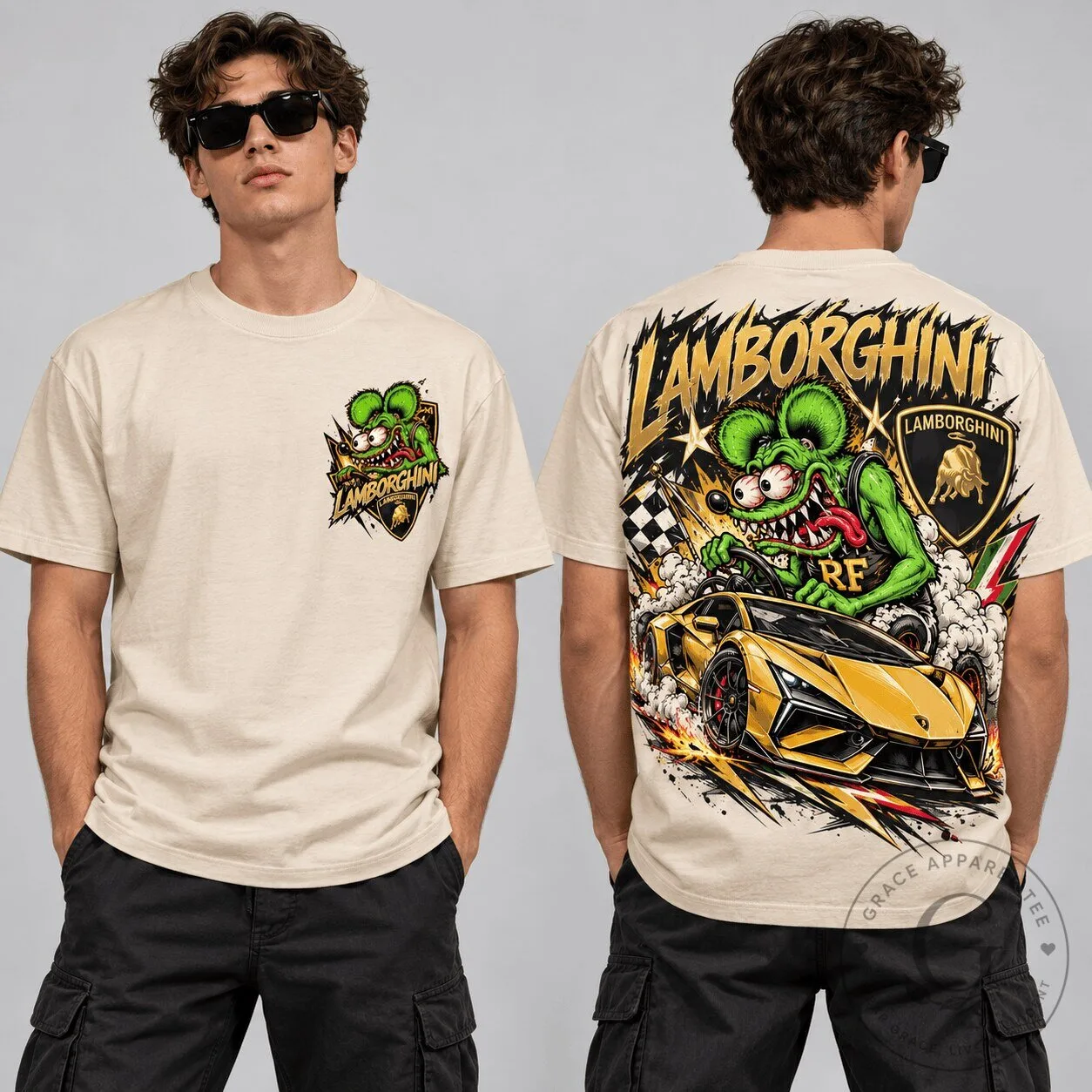 Lamborghini Rat Fink Supercar Racing Graphic Short Sleeve T-Shirt for Car Enthusiasts
