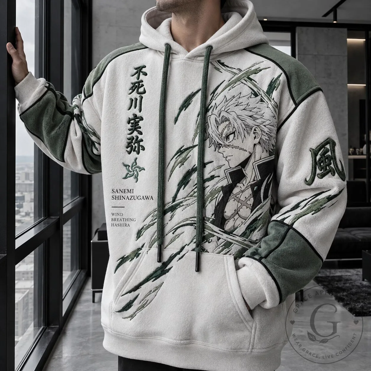 Sanemi Shinazugawa Wind Breathing Hashira Anime Embroidered Hoodie