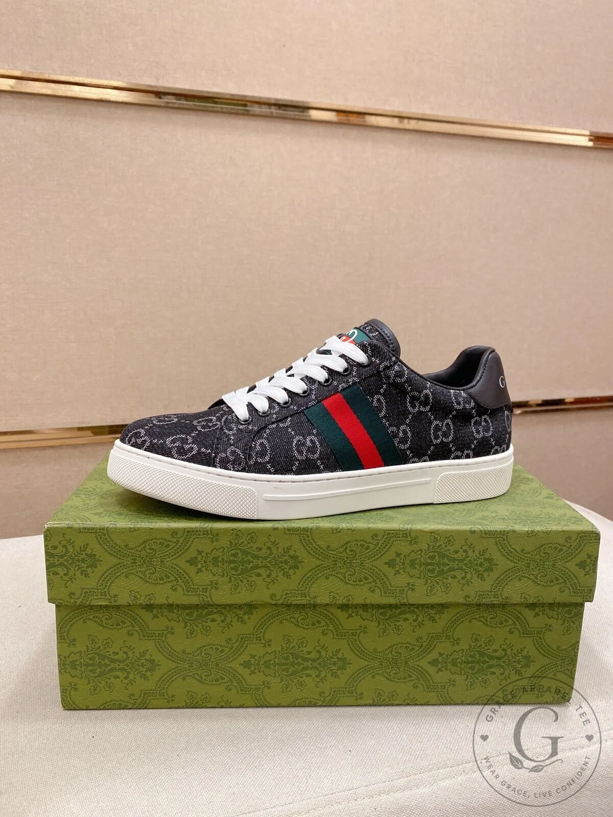 Gucci Monogram Black Canvas Low Top Sneakers with Red and Green Stripe
