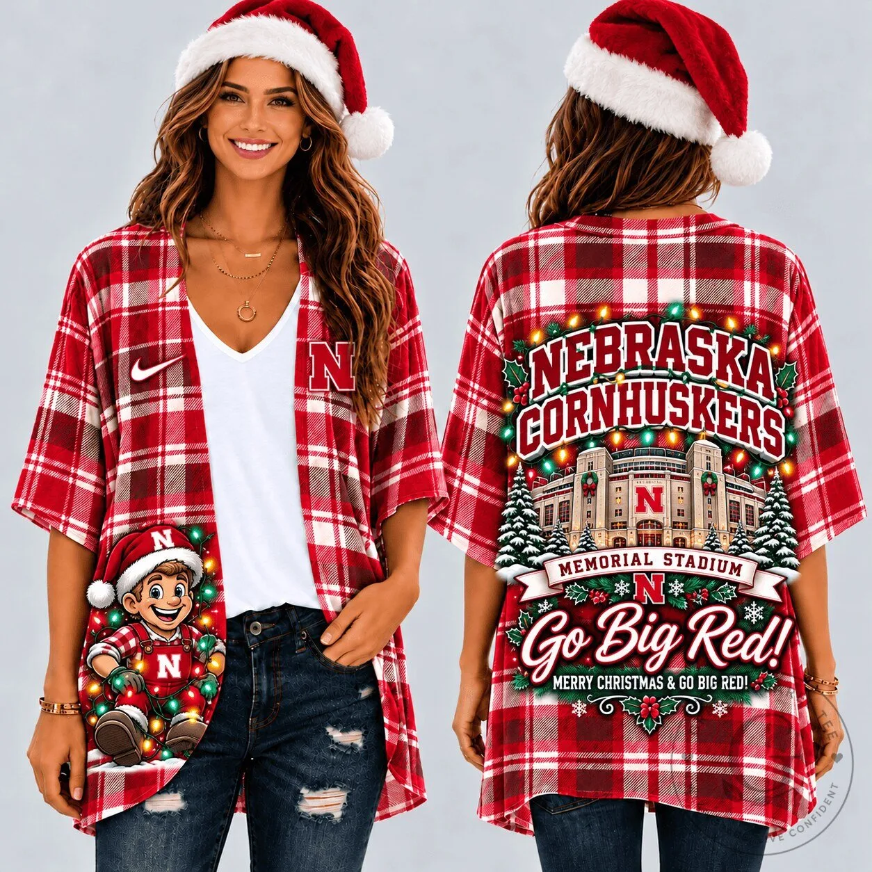 Nebraska Cornhuskers Christmas Plaid Kimono Cardigan for Women