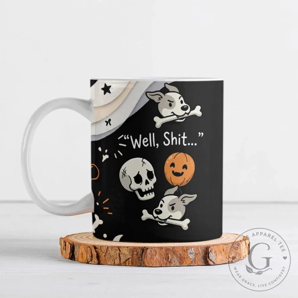 Funny Skeleton Dog Halloween Pumpkin Ceramic Coffee Mug Spooky Gothic Cartoon Quote