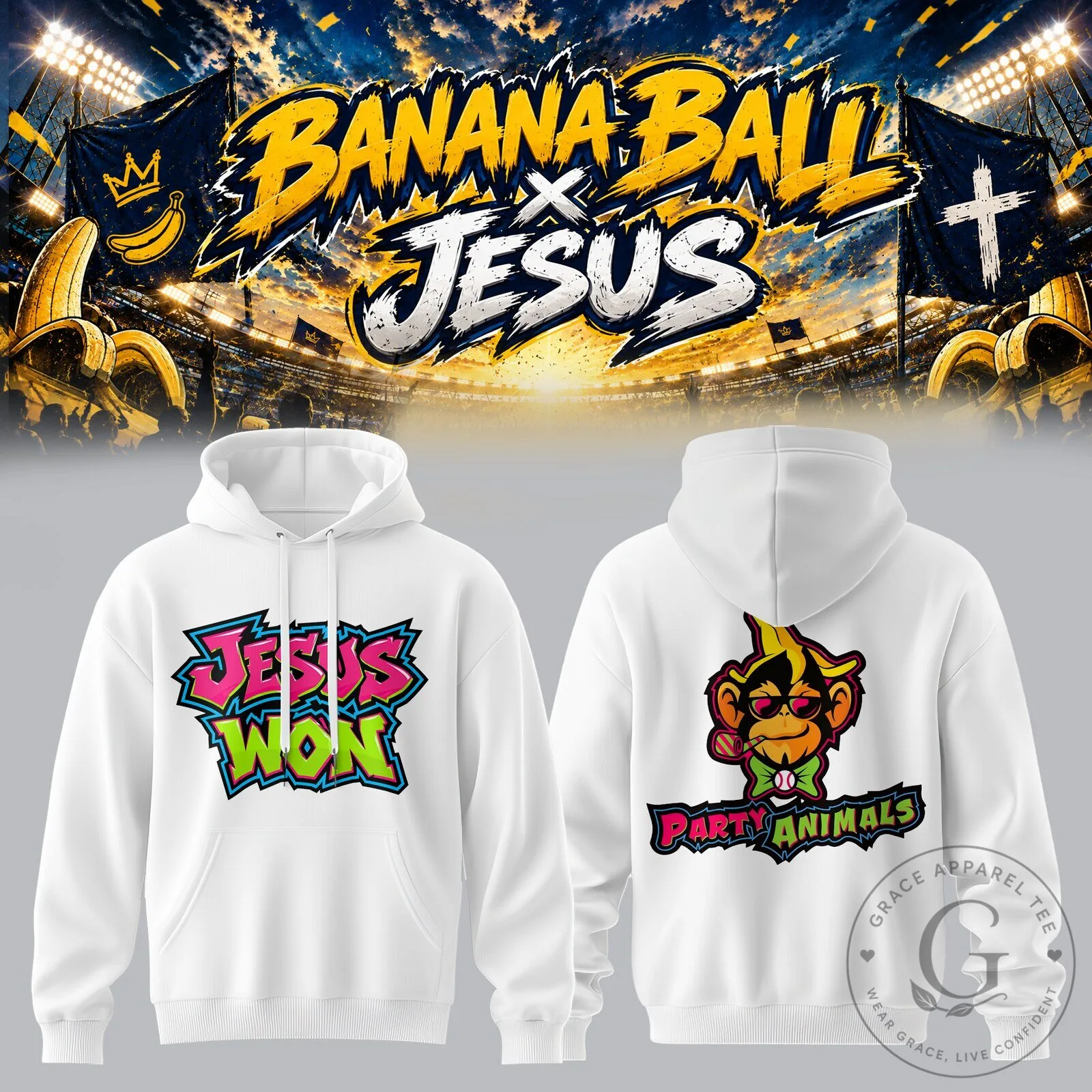 Jesus Won Banana Ball Party Animals White Hoodie