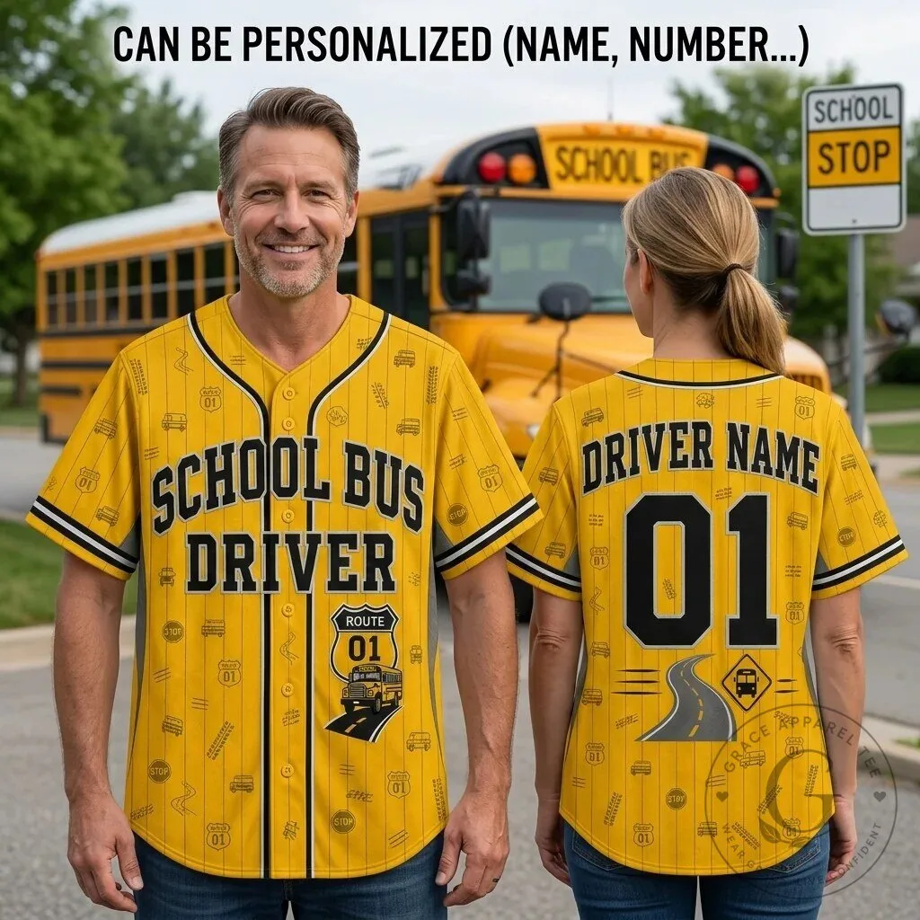 Personalized School Bus Driver Yellow Baseball Jersey with Custom Name and Number