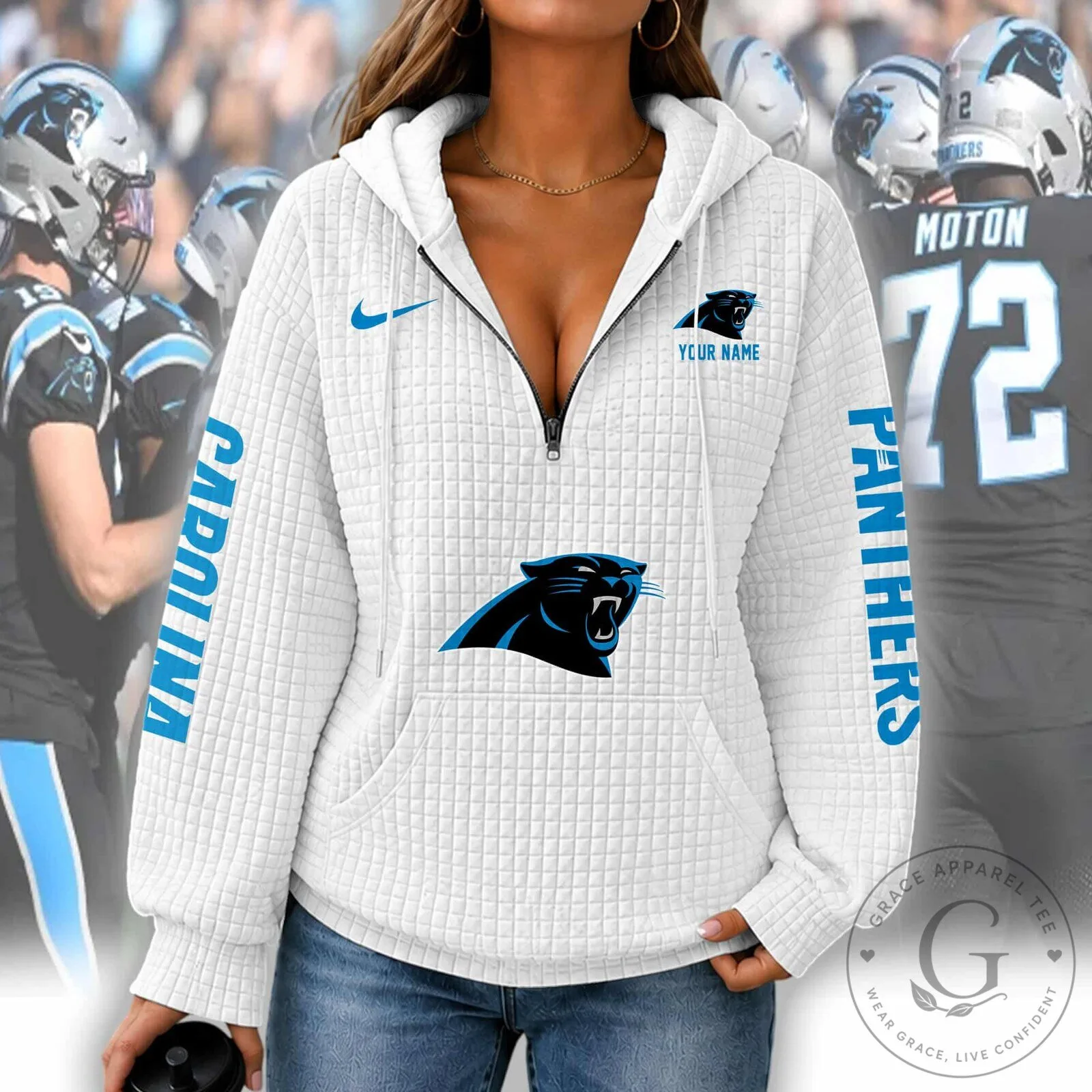 Carolina Panthers Women's Waffle Knit Half-Zip Hoodie with Custom Name