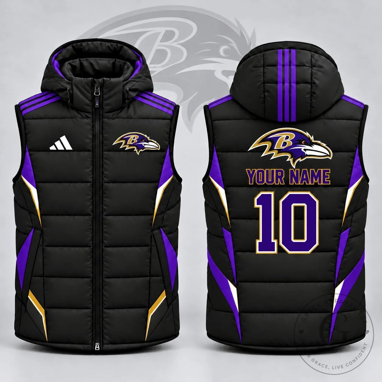 Baltimore Ravens Custom Name and Number Athletic Stripe Hooded Puffer Vest Jacket