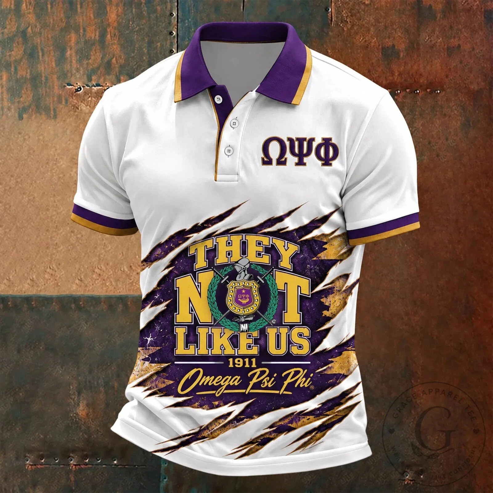 Omega Psi Phi Fraternity They Not Like Us Gold and Purple Polo Shirt