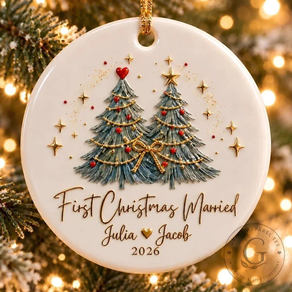 First Christmas Married Personalized Ornament with Custom Names and Year