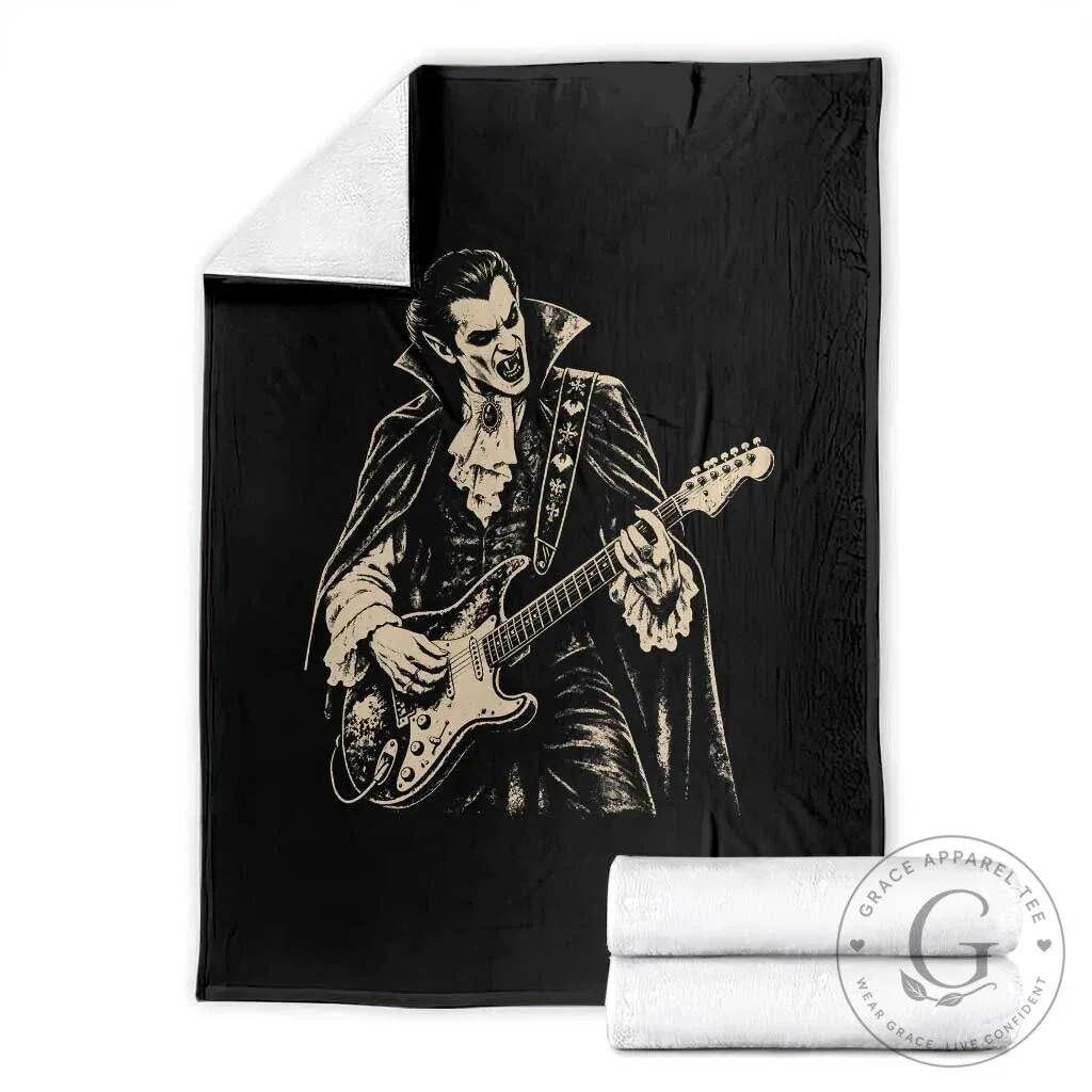 Vintage Vampire Playing Electric Guitar Halloween Rock Music Lover Throw Blanket