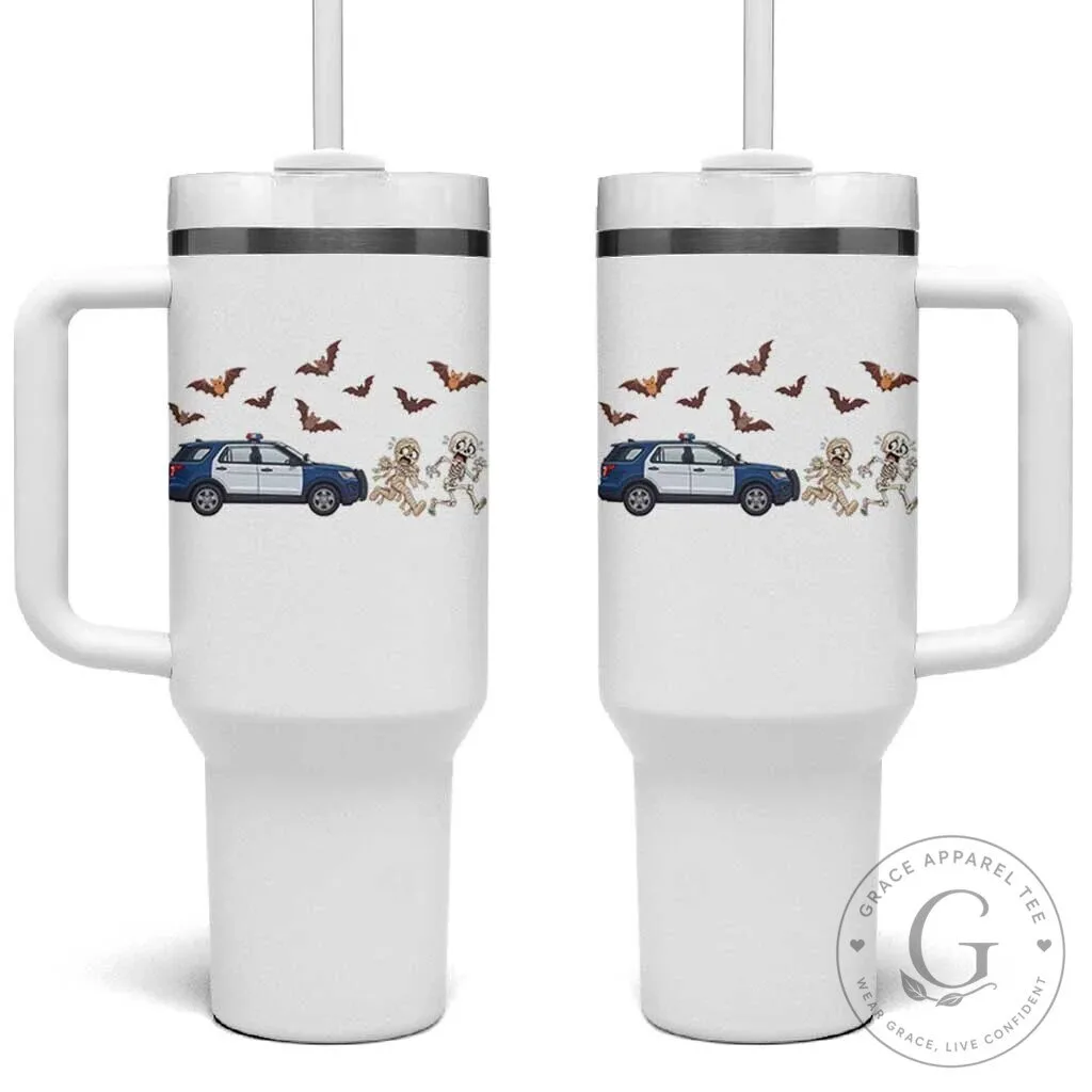 Funny Police Car Chasing Skeleton and Mummy Halloween Tumbler with Handle